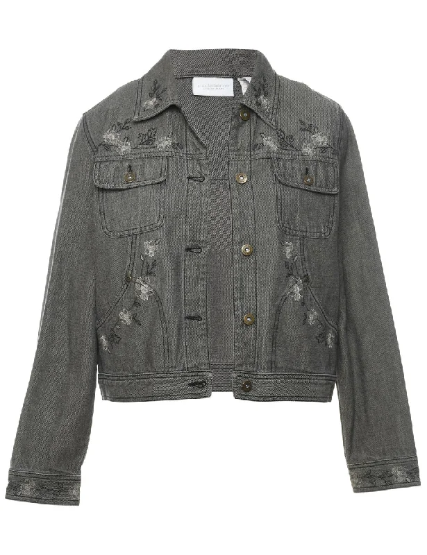 Don't Delay Black 1990s Distressed Embroidered Floral Denim Jacket - M