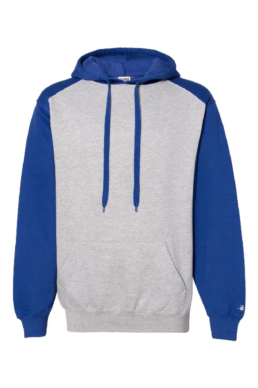 Year-End Deals Badger Mens Athletic Fleece Hooded Sweatshirt Hoodie w/ Pouch Pocket - Oxford Grey/Royal Blue - Closeout