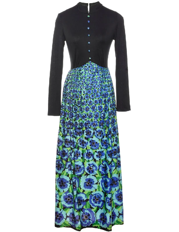 Black, Blue & Green Floral 1970s Maxi Dress - S