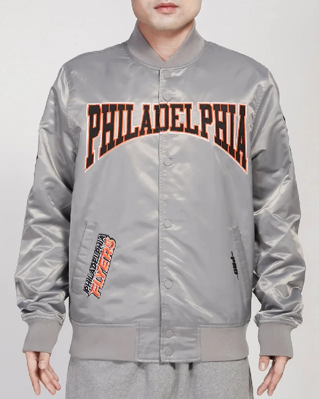 Price Buster NHL PHILADELPHIA FLYERS CREST EMBLEM MEN'S SATIN JACKET (GRAY)