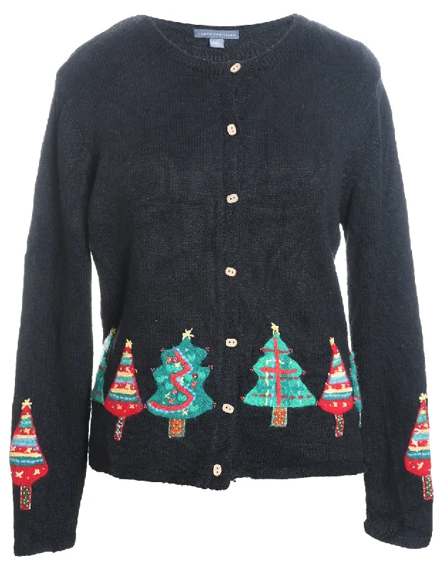 Weekend Savings Sensation Black Christmas Tree Design Cardigan - L