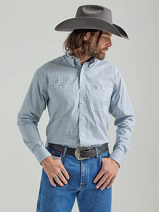 Limited Availability WRANGLER GEORGE STRAIT LONG SLEEVE TWO POCKET BUTTON DOWN PRINT SHIRT IN GREY