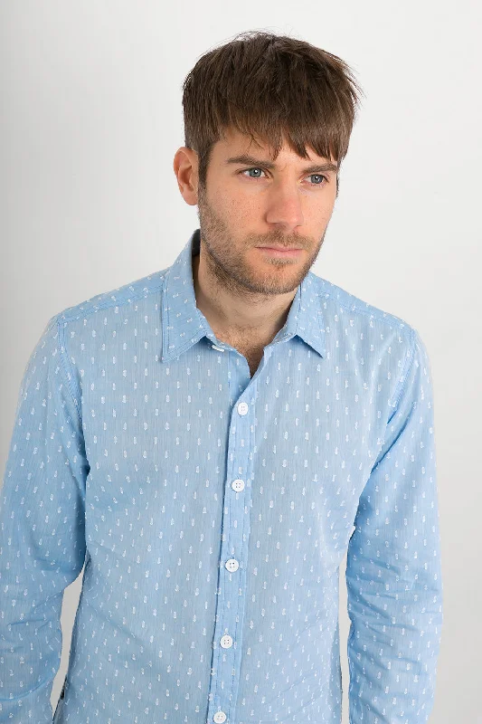 Value Deals Blue with White Texture Print Cotton Slim-Fit Long-Sleeve Shirt