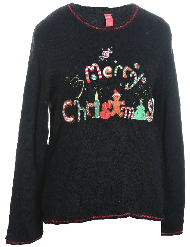 Extra Savings Black Embroidered Merry Christmas Design Knit Jumper - L