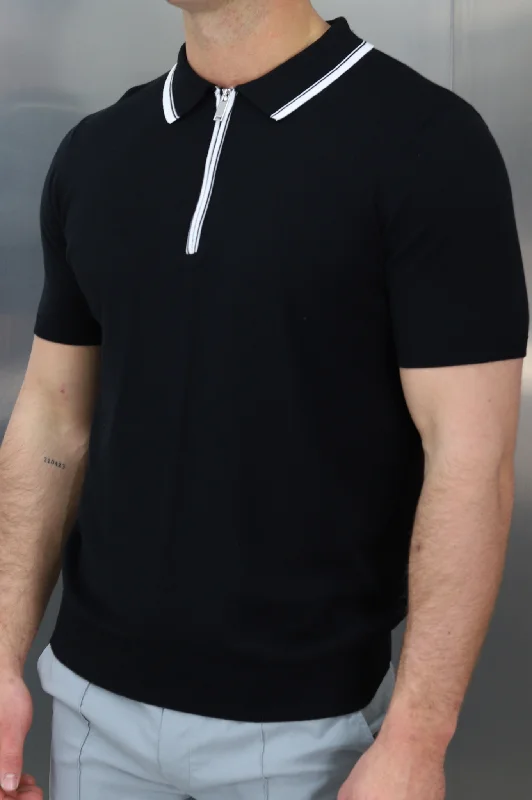 Crazy Savings Capo Egyptian Cotton Contrast Collar SS Zip Polo Shirt - Black