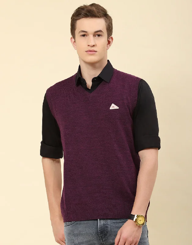 Fantastic Offers Men Purple Solid V Neck Sleeveless Sweater