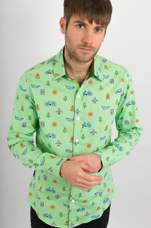 Overstock Green Plane Whale Tree Sun Bike Print Cotton Slim Fit Mens Shirt Long Sleeve