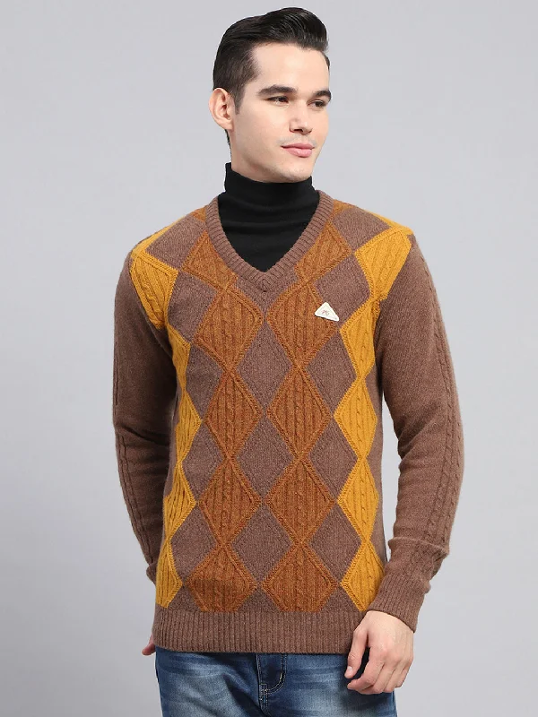 Deep Savings Men Brown Self Design V Neck Full Sleeve Pullover