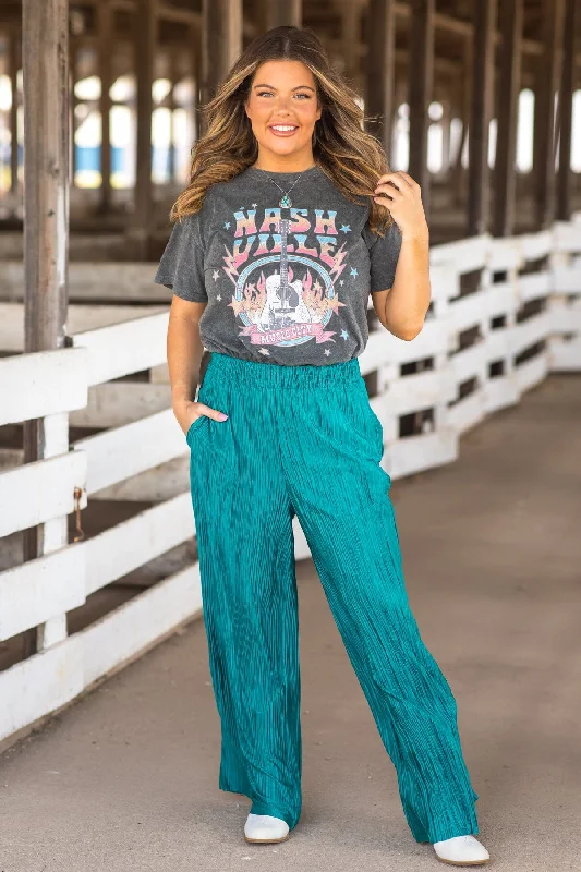 Weekend Savings Delight Turquoise Crystal Pleat Wide Leg Pants