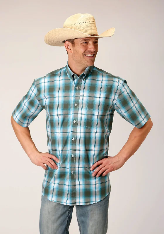 Deal Mania Roper Mens 1555 Meadow Plaid Green 100% Cotton 1 Pkt S/S Shirt