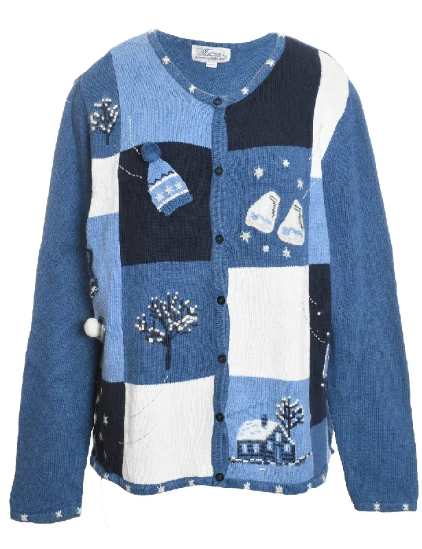 Blue Festive Design Christmas Cardigan  - L