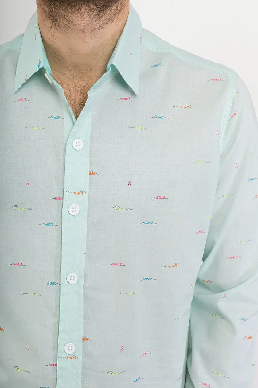 Markdowns Swimmers Blue Print Cotton Slim Fit Mens Shirt Long Sleeve