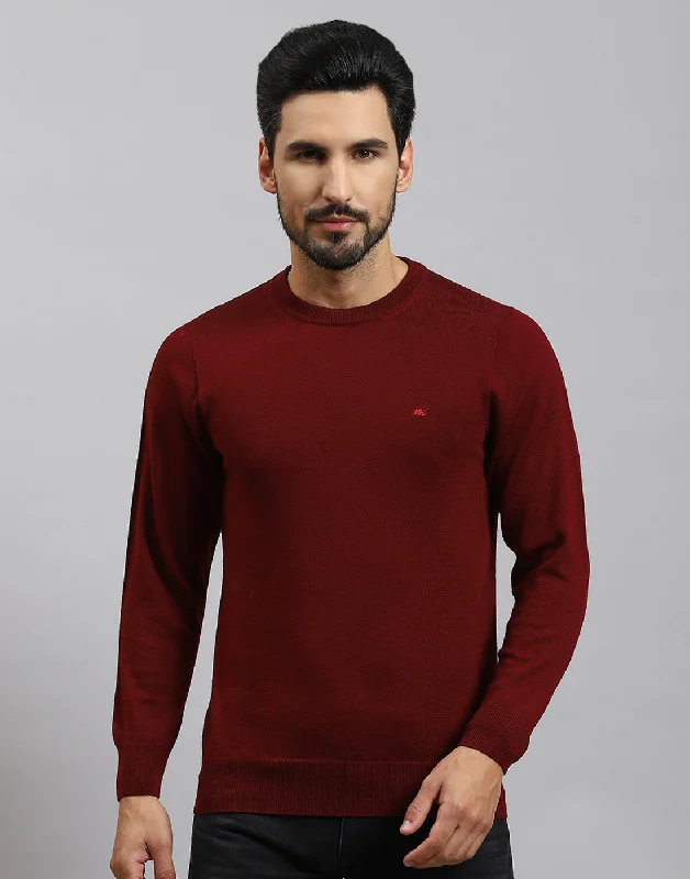 Daily Deals Men Maroon Solid Round Neck Full Sleeve Pullover