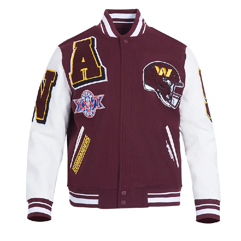 Weekend Offers That Shine NFL WASHINGTON COMMANDERS MASHUP MEN'S RIB WOOL VARSITY JACKET (WINE/WHITE) Weekend Offers That Shine NFL WASHINGTON COMMANDERS MASHUP MEN'S RIB WOOL VARSITY JACKET (WINE/WHITE)