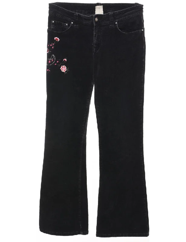 Final Clearance Black  Embroidered Floral 1990s Flared Trousers - W30 L30