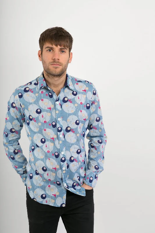 Price Reduction Hummingbirds Print Cotton Slim Fit Mens Shirt Long Sleeve