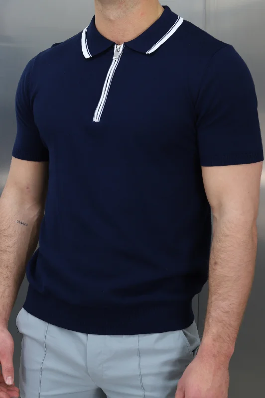 Big Savings Capo Egyptian Cotton Contrast Collar SS Zip Polo Shirt - Navy