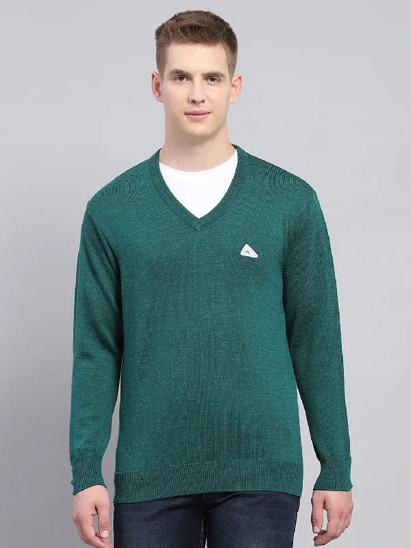 Lowest Price Men Green Solid V Neck Full Sleeve Pullover