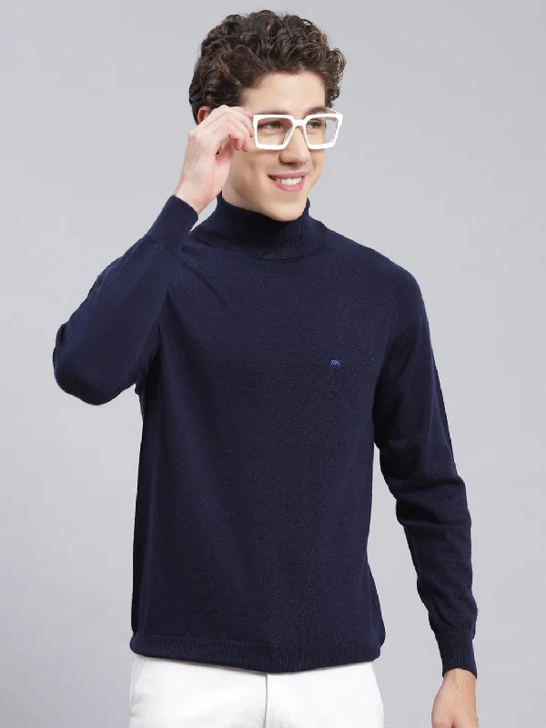 Sale Event Men Navy Blue Solid Pure wool Pullover