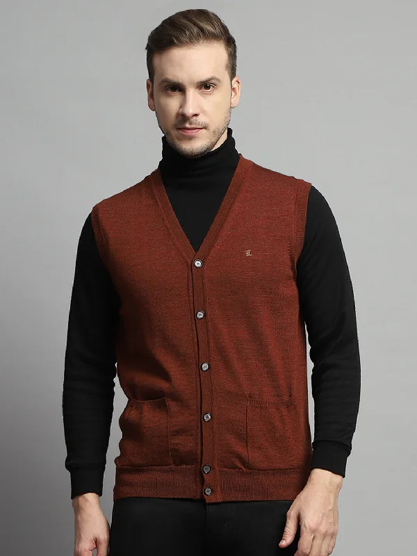 Best Choice Men Rust Solid V Neck Sleeveless Cardigan