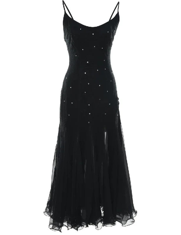 Instant Savings Black & Silver Sparkly Strappy Ruffled Hem Evening Dress - M