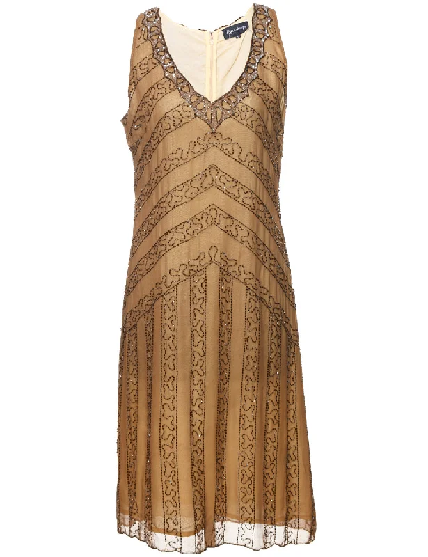 Weekend Deals That Wow Beaded Bronze & Brown Sleeveless Evening Dress - M