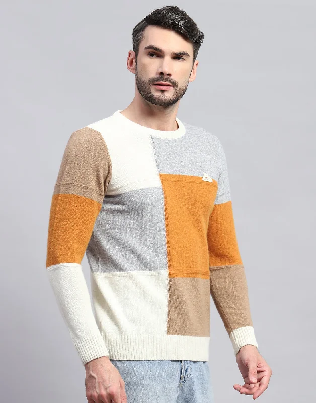 One-Day Only Men Off White Colourblocked Round Neck Full Sleeve Pullover