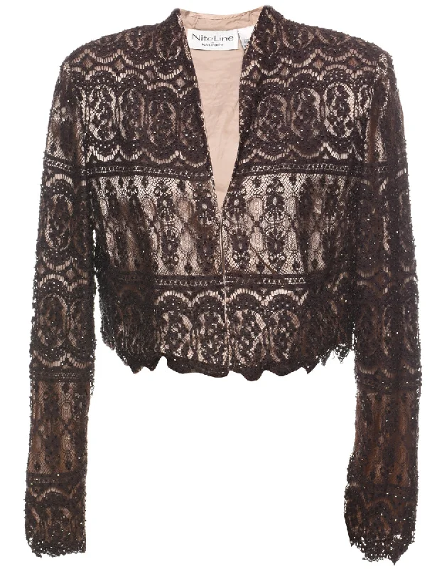 Brown Lace 1980s Evening Jacket - M