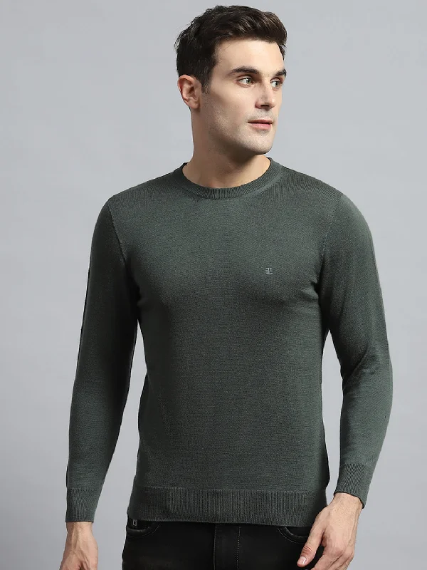 Flash Sale Men Olive Solid Round Neck Full Sleeve Pullover