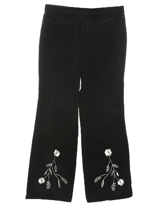 The Best Deal Black & White Suede 1990s Floral Embroidered Trousers - W32 L30