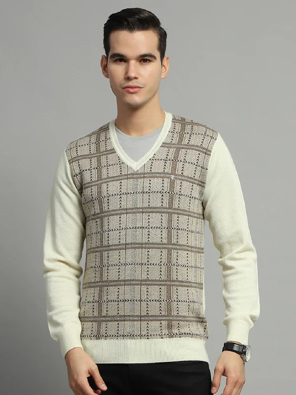 Overstock Clearance Men Cream Check V Neck Full Sleeve Pullover
