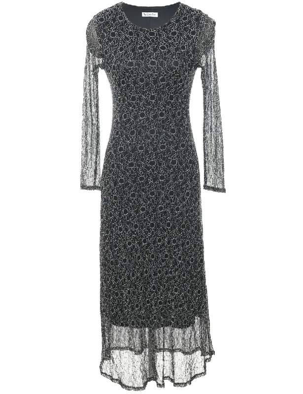 Discount Mania Black & Silver Lace Long-Sleeve Sparkly Evening Dress - S