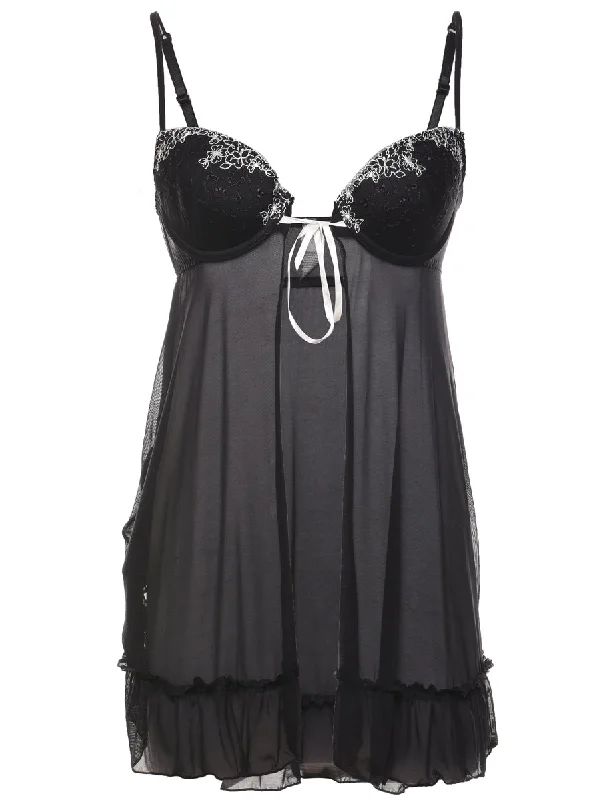 Pay Less Black & White Embroidered Sheer Slip Dress - M