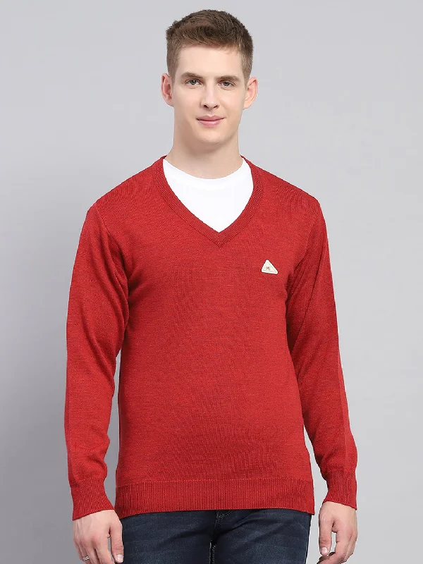 Shop and Save Men Maroon Solid V Neck Full Sleeve Pullover