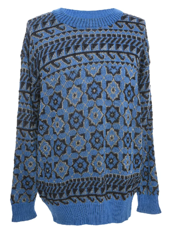 Blue & Black 1980s Geometric Jumper - M