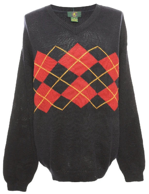 Final Offer Argyle Navy & Red Jumper - M
