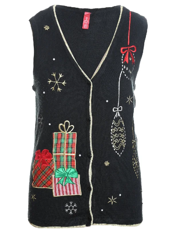 Huge Discounts Black Embroidered Present Design Christmas Vest - M
