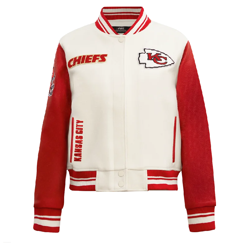 Super Savings NFL KANSAS CITY CHIEFS RETRO CLASSIC WOMEN'S RIB WOOL VARSITY JACKET (EGGSHELL/ RED) Super Savings NFL KANSAS CITY CHIEFS RETRO CLASSIC WOMEN'S RIB WOOL VARSITY JACKET (EGGSHELL/ RED)