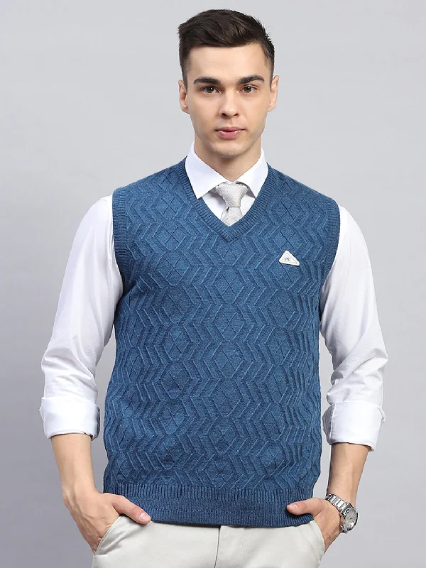 Special Offer Men Blue Self Design V Neck Sleeveless Sweater