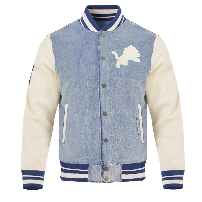 Hurry Up NFL DETROIT LIONS VARSITY BLUES MEN'S DENIM VARSITY JACKET (DENIM/LINEN)