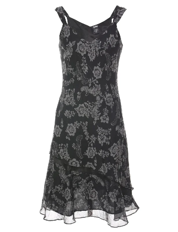 Reduced Price Black Beaded Floral Pattern Party Dress - M
