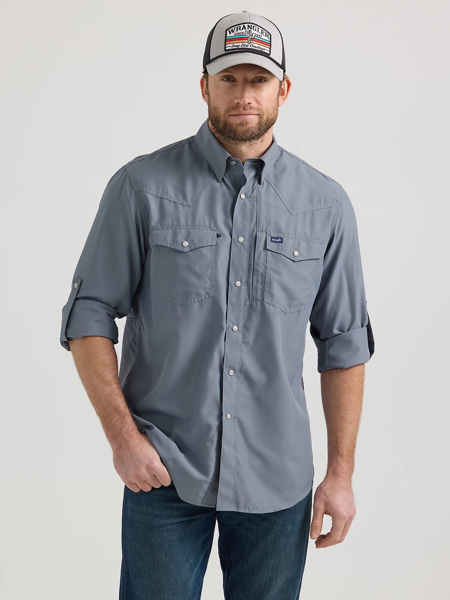 Year-End Sale Wrangler Performance Snap Flint Grey Long Sleeve Solid Shirt