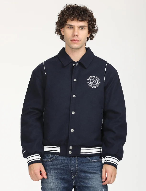 Men's Solid Navy Spread Collar Varsity Jacket