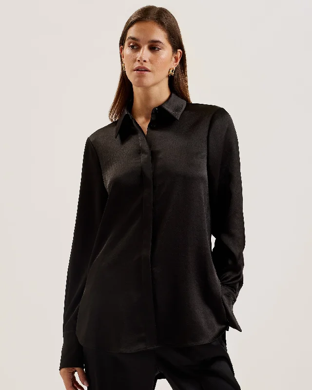 Bargain Bin Sonora Long Line Satin Shirt Black