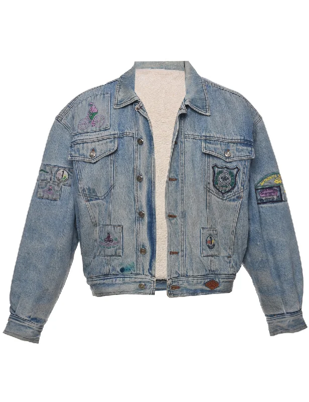 Button Front Shearling Denim Jacket - L