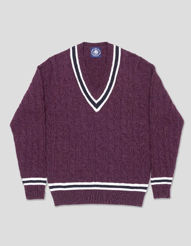 Unmissable Sale MERINO WOOL CRICKET CABLE V-NECK SWEATER - DARK PURPLE