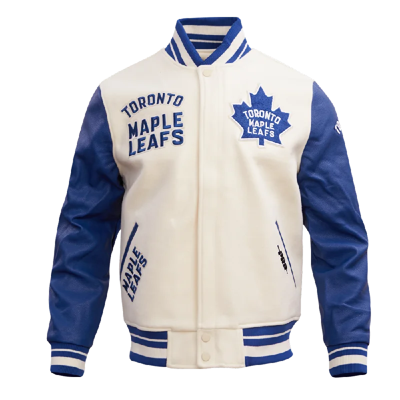 Bonus Offer NHL TORONTO MAPLE LEAFS RETRO CLASSIC MEN'S RIB WOOL VARSITY JACKET (EGGSHELL/DODGER BLUE) Bonus Offer NHL TORONTO MAPLE LEAFS RETRO CLASSIC MEN'S RIB WOOL VARSITY JACKET (EGGSHELL/DODGER BLUE)