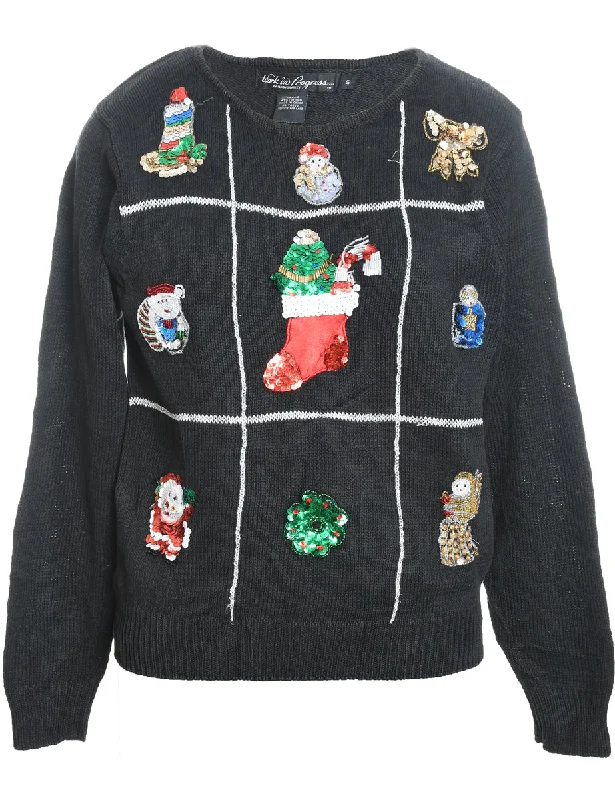 Deep Discounts Black Knit Sequined Christmas Cardigan  - S