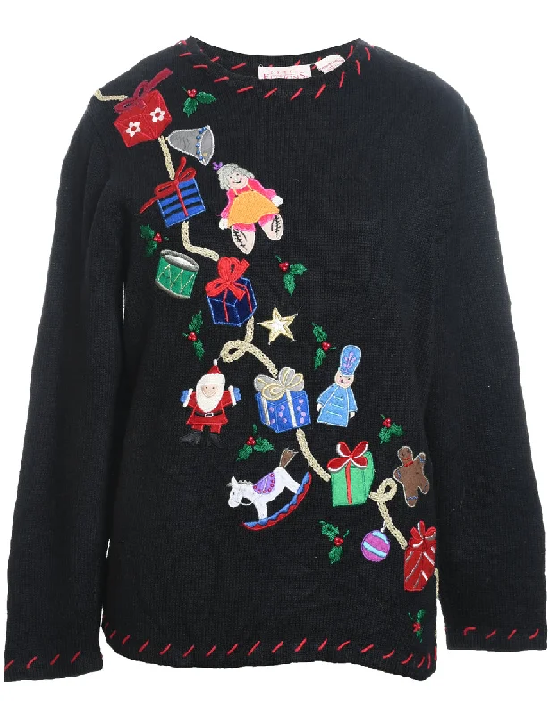 Markdown Sale Black Appliqued Christmas Jumper - M