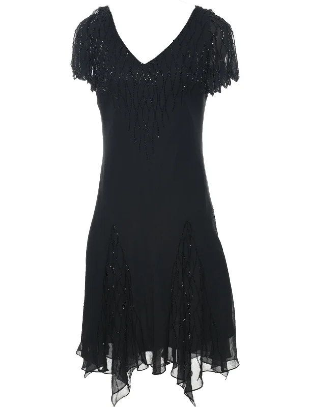 Weekend Specials to Celebrate Beaded Black Handkerchief Hem Evening Dress - L